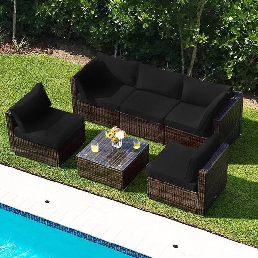 6-Piece Wicker Outdoor Sectional Conversation Furniture Set with Coffee Table Black Cushions