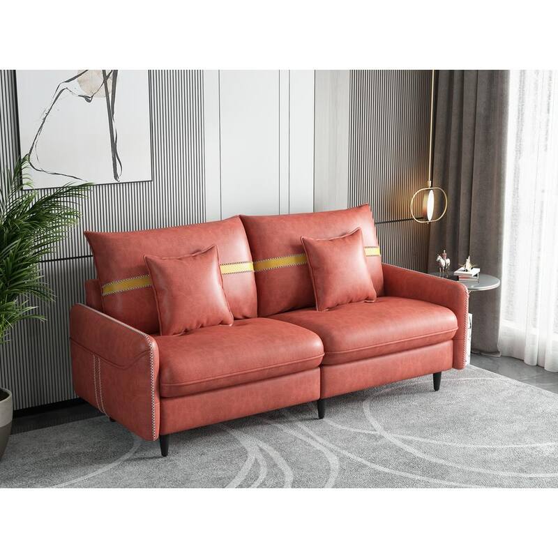 72.8 in. Orange Sofa Couch Mid-Century Leather Tufted Love Seat 2-Seat 2-Pillows Included