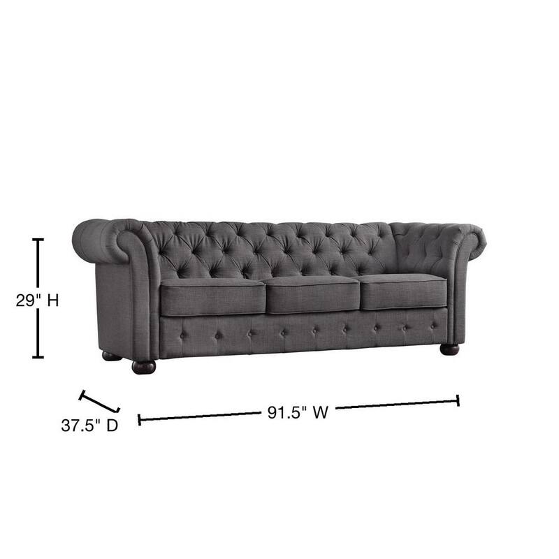 91.5 in. Rolled Arm Fabric Straight Chesterfield Sofa in Dark Gray Tufted