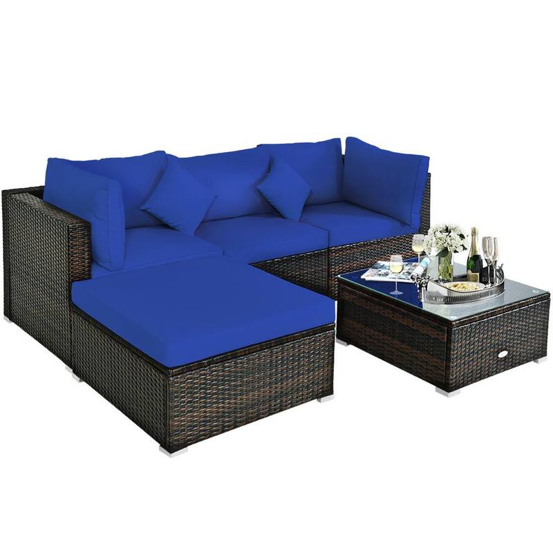 4-Piece Wicker Patio Conversation Set Sectional Loveseat Couch Sofa with Storage Box Coffee TableNavy Cushions