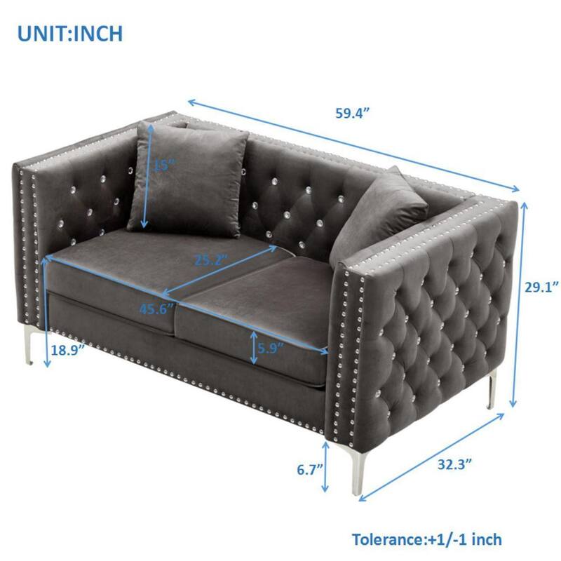 59.4 in. Blue Square Arm Microfiber Tufted 2-Seater Straight Sofa with Nailhead Trim and Removable Cushions