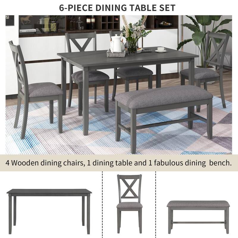 6-Piece Wood Top Gray Dining Table Set with 4-Dining Chairs and 1-Bench