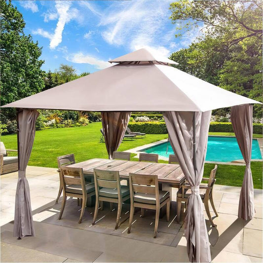 10 ft. x 13 ft. Iron Outdoor Double Roof Tops Gazebo with Mosquito Netting and Removable Curtains for Garden Khaki