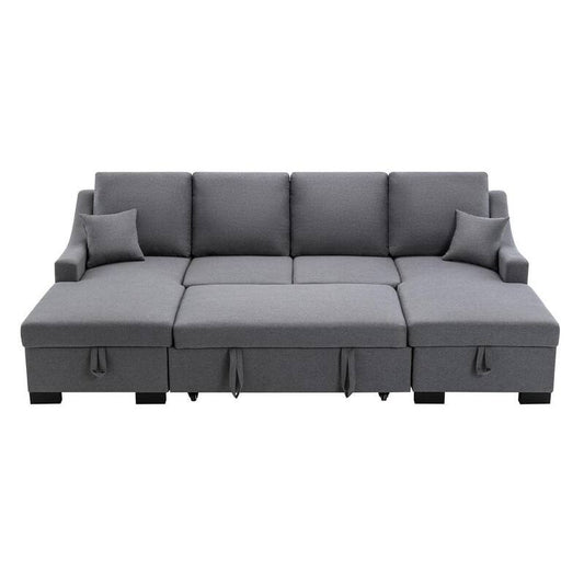 103.5 in. W Square Arm 4-Seats Linen Straight Sleeper Sofa with Double Storage Spaces 2 Tossing Cushions in Gray