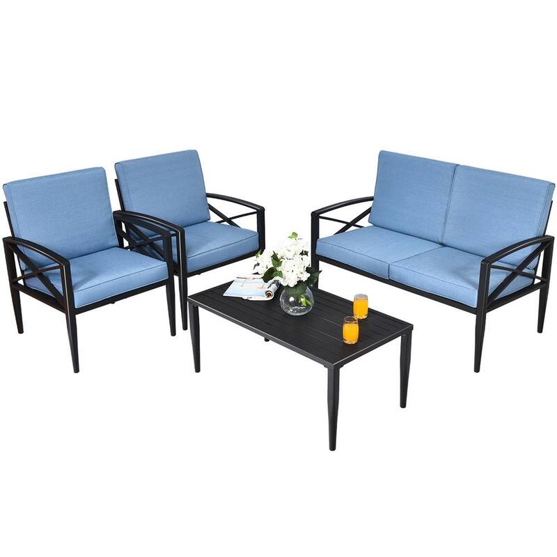 4-Piece Aluminum Patio Conversation Set Coffee Table and Sofa Chair with Blue Cushions