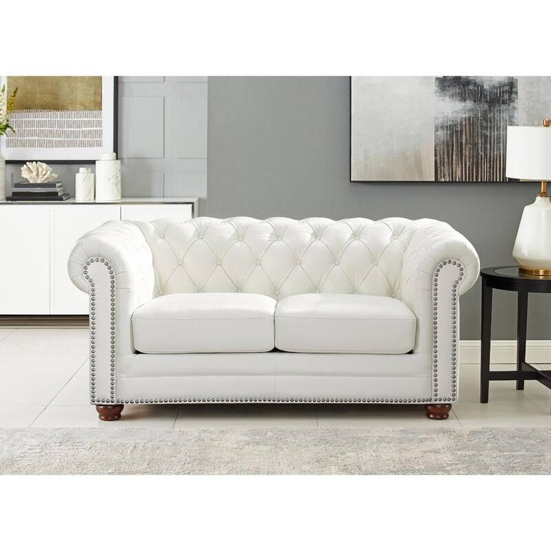 Aliso 68 in. White Solid Leather 2-Seater Loveseat with Removable Cushion