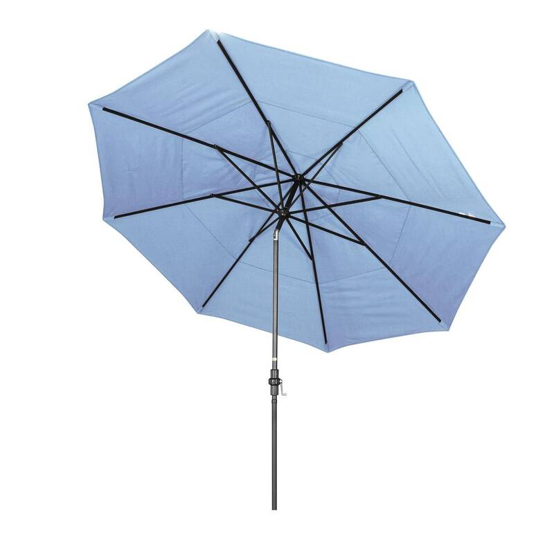 11 ft. Hammertone Grey Aluminum Market Patio Umbrella with Crank Lift in Air Blue Sunbrella