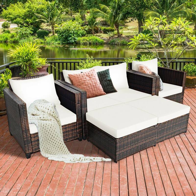 5-Piece Wicker Patio Conversation Set with White Cushions and 2 Ottomans