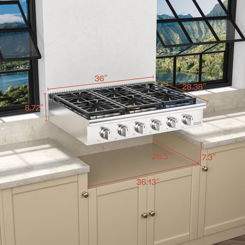 36 in. Pro-Style Slide-in Natural Gas Range Top Cooktop in Stainless Steel with 6 of Burners