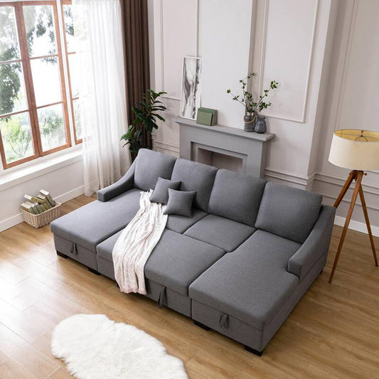 103.5 in. W Square Arms 4-Piece U Shaped Linen Modern Sectional Sofa in Gray with Double Storage Spaces