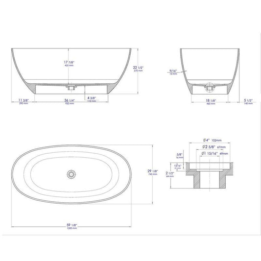 59 in. Stone Resin Flatbottom Bathtub in White