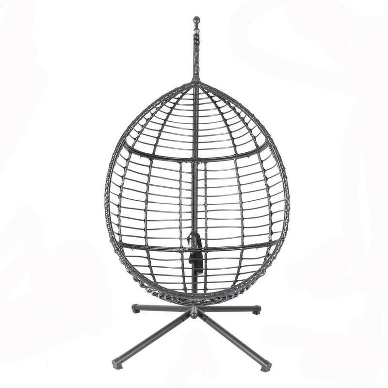 37.4 in. x 37.4 in. x 76.77 in. 300 lbs. Capacity Black Outdoor Egg Swing Chair with Stand with Gray Cushion Gray