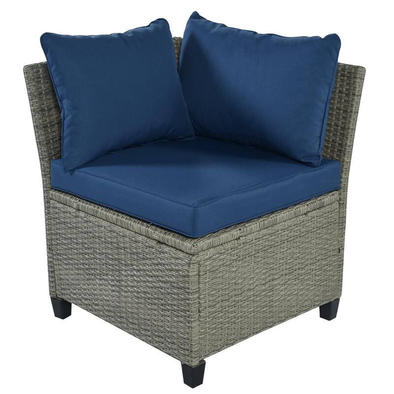 5-Piece Wicker Patio Conversation Set with Blue Cushions Coffee Table and Single Chair