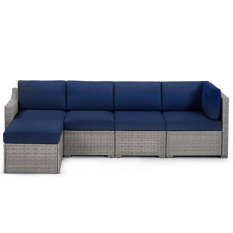 5-Piece Wicker Patio Conversation Set with Blue Cushions