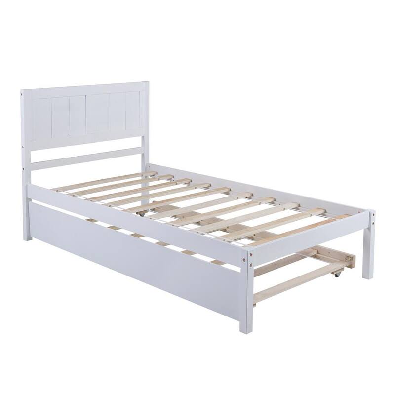 80 in. W White Twin Size Platform Bed Wood Platform Bed with Trundle