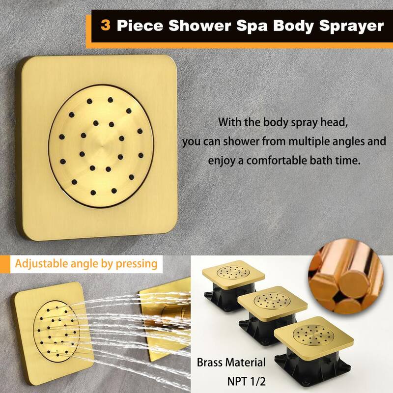 3-Spray Waterfall High Pressure Wall Mounted Shower System with 3 Body Sprays and Handheld Shower in Gold