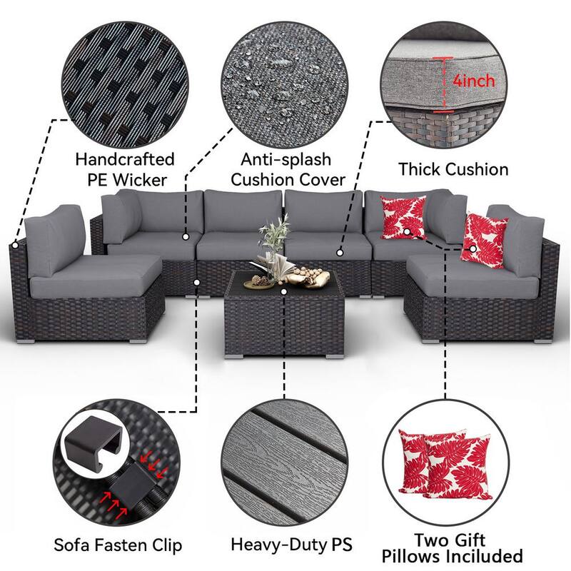 7-Piece Wicker Patio Conversation Set with Gray Cushions and Pillows also Rain Resistant Sofa Cover