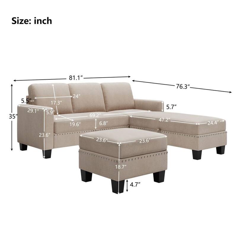 81 in. W Square Arm 3-Piece Fabric Sectional Sofa in Gray with Armrests Chaise Nailhead Ottoman Removable Cushions