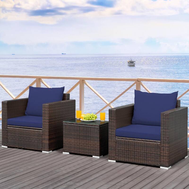 3-Piece Wicker Patio Conversation Set with Blue Cushions and Tempered Glass-Top Table