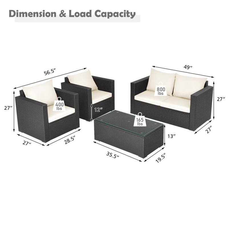 4-Piece Rattan Patio Conversation Set Outdoor Furniture Set w/Off White Cushions