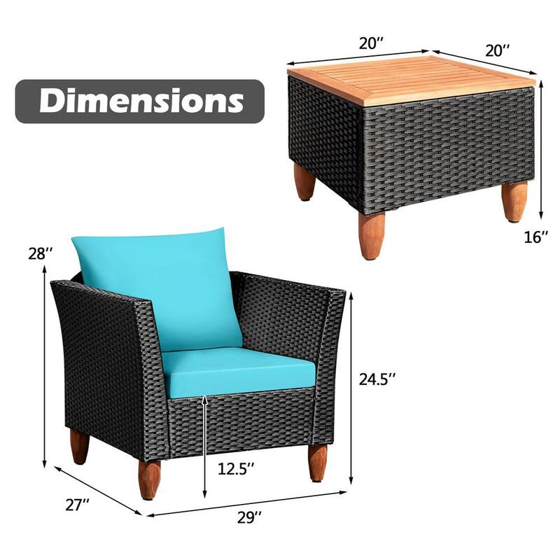 3 -Pieces Rattan Patio Conversation Sets Bistro Furniture Set with Turquoise Cushions