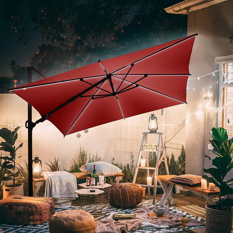 10 ft. x 10 ft. 360-Degree Rotating Aluminum Cantilever Solar Light Patio Umbrella with Base Weight in Dark Red