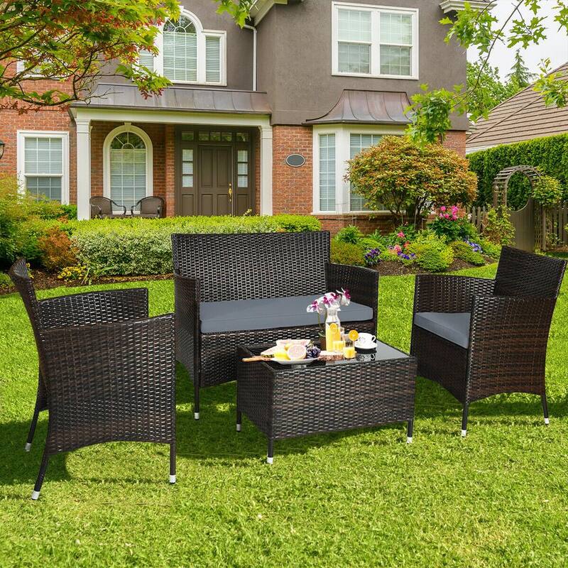 4-Piece Wicker Patio Conversation Set with Gray Cushions