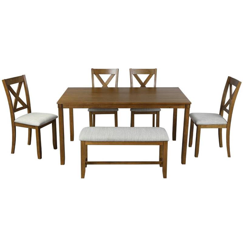 6-Piece Wood Top Brown Dining Table Set 4 Dining Chair and Bench Family Furniture