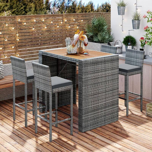 5-Piece Wicker Outdoor Dining Set with Gray Cushions and Acacia Wood Table Top