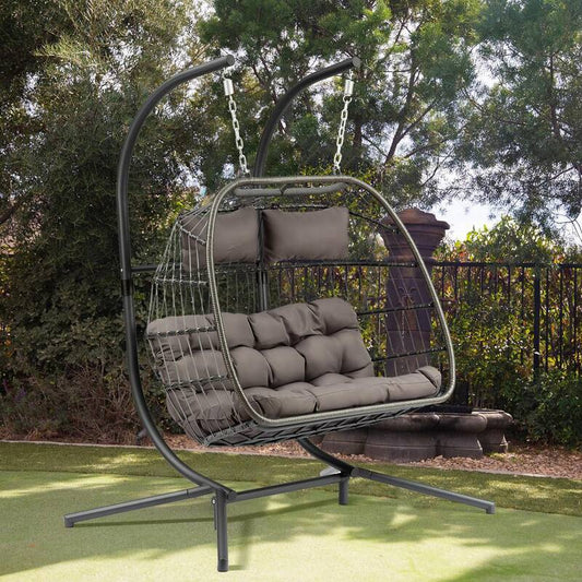 63 in. W 2-Person Luxury Aluminum and Wicker Patio Swing Hanging Egg Chair with Gray Cushion