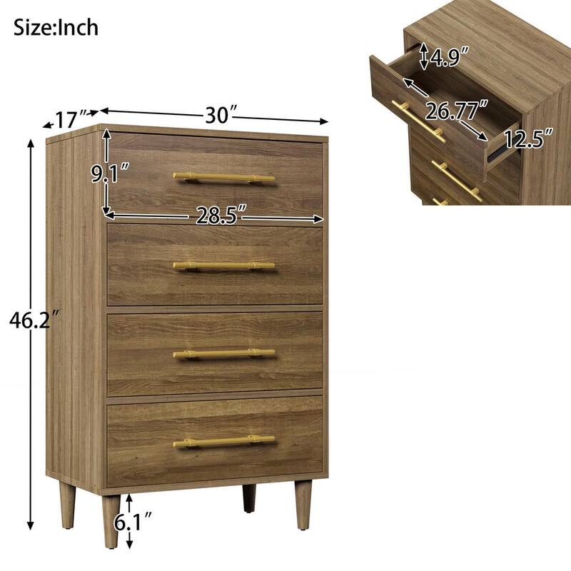 4 Drawer Walnut Chest of Drawers 46.2 in. H x 30 in. W x 17 in. D