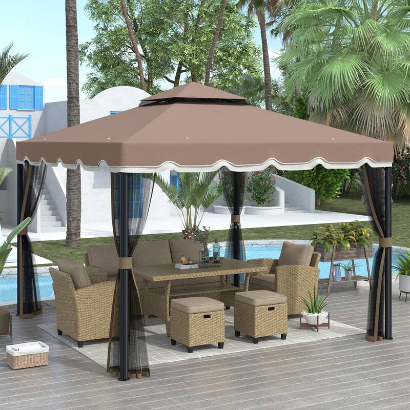 9.8 ft. x 8.8 ft. Brown Patio Gazebo Outdoor Steel Vented Dome Top with Netting for Backyard Poolside and Deck