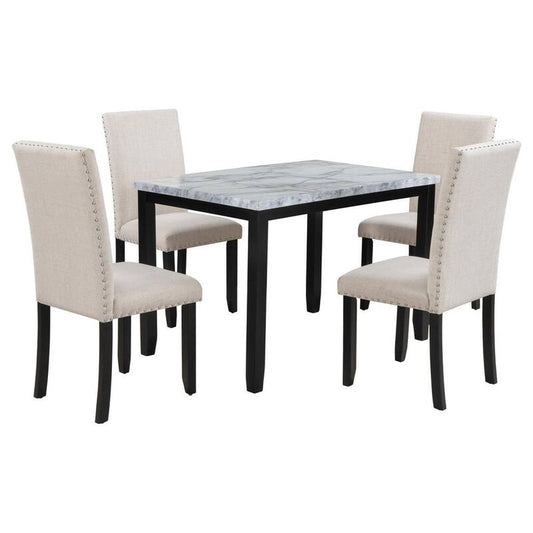 5-Piece Wood Top White/BeigeplusBlack Dining Set with Faux Marble Table 4-Thicken Cushion Dining Chairs Home Furniture