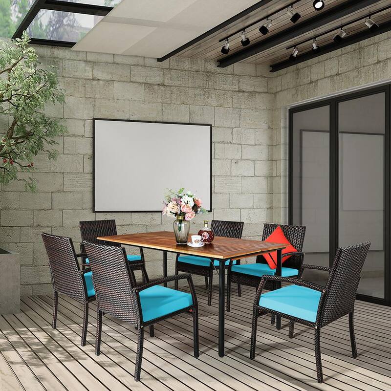 7-Piece Wicker Rectangular Outdoor Dining Set with Turquoise Cushions