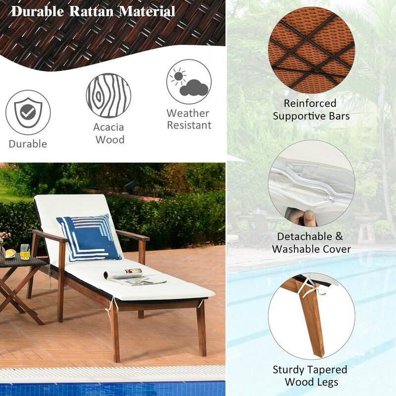 3-Piece Acacia Wood Patio Outdoor Chaise Lounge Chair Set with Folding Table and White Cushions