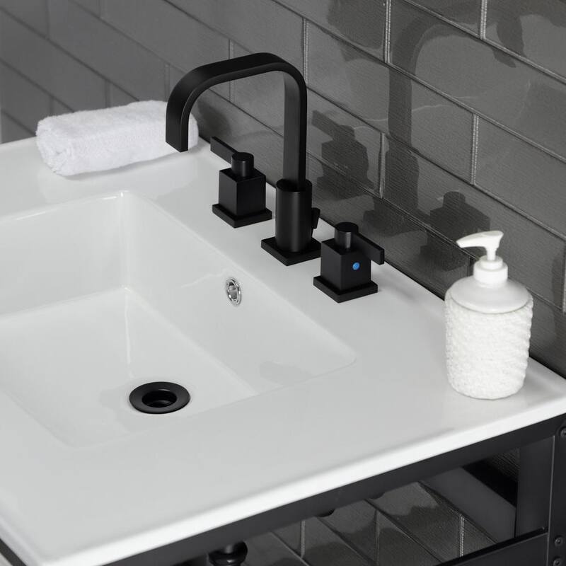 31 in. Ceramic Console Sink 8 in. in 3-Hole with Stainless Steel Base in Matte Black