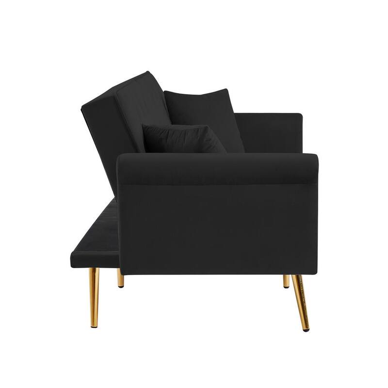 76.7 in. W Black Velvet Twin Size Sofa Bed with 2-Pillows and Nailhead Trim Loveseat Sofa Futon