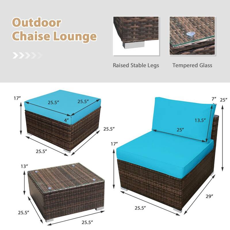 5-Piece Wicker Outdoor Sectional Set Patio Sofa Set Lounge Chair with Turquoise Cushions