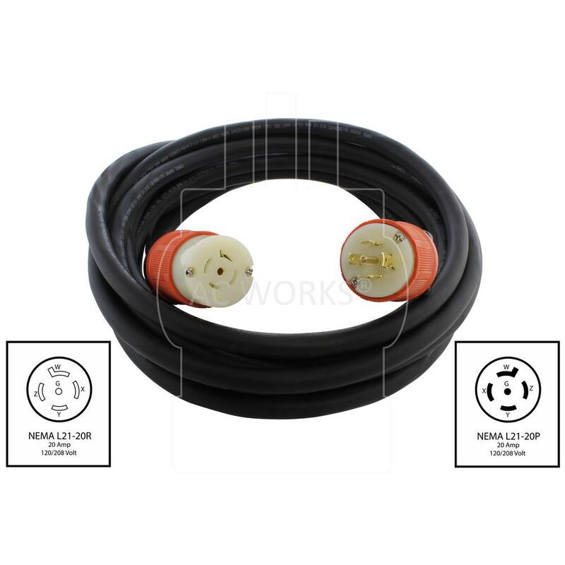 100 ft. SOOW 12/5 NEMA L21-20 20 Amp 3-Phase 120/208V Industrial Rubber Extension Cord