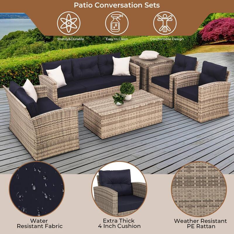 6-Piece Wicker Outdoor Patio Sectional Conversation Seating Set with Navy Blue Cushions