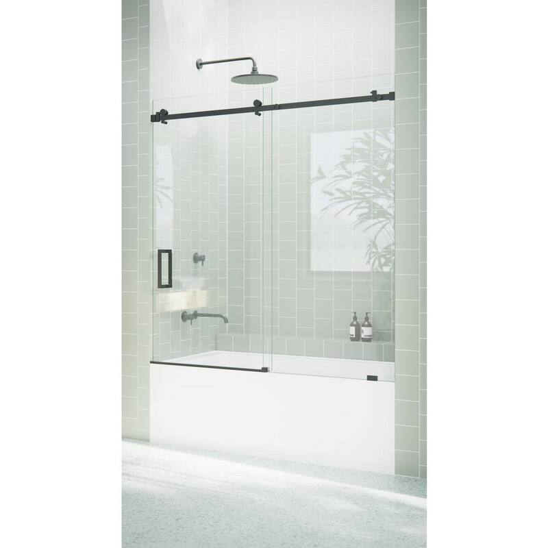 56 in. W x 60 in. H Sliding Frameless Shower Door/Enclosure in Matte Black Finish with Clear Glass