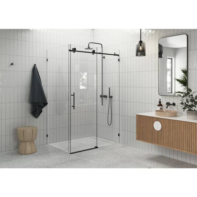 52 in. W x 78 in. H Rectangular Sliding Frameless Corner Shower Enclosure in Matte Black with Clear Glass