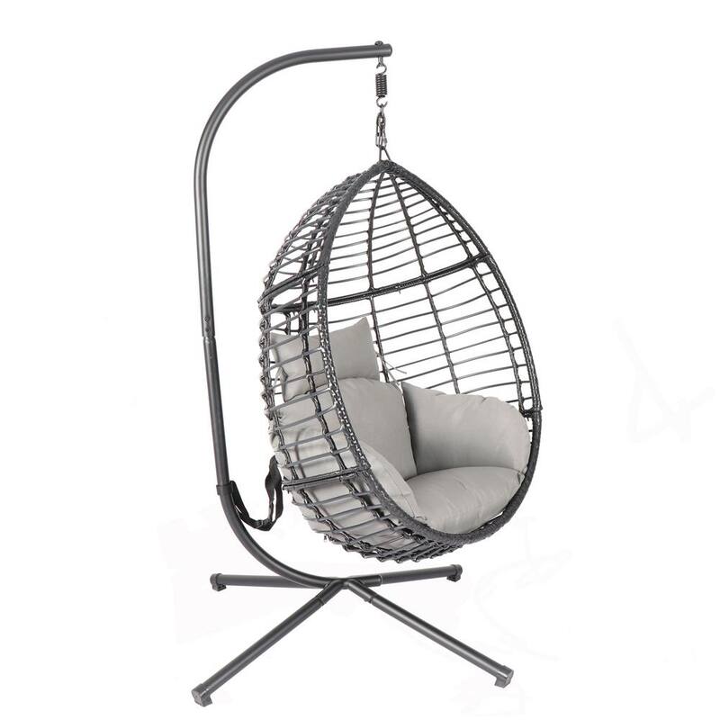 37.4 in. x 37.4 in. x 76.77 in. 300 lbs. Capacity Black Outdoor Egg Swing Chair with Stand with Gray Cushion Gray