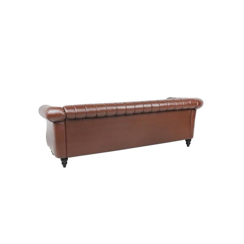 84 in. W Rolled Arm Faux Leather Chesterfield Straight 3-Seat Sofa with Reversible Cushions in Brown