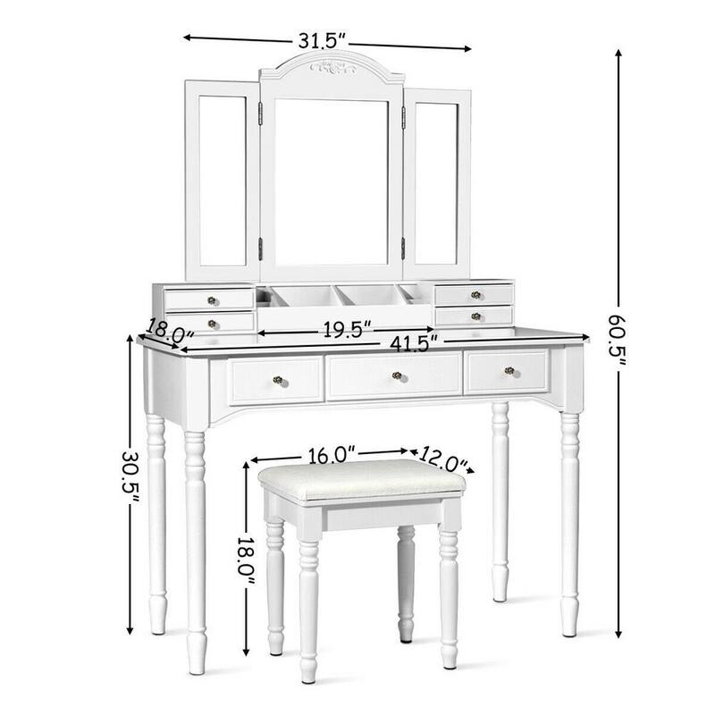 7-Drawer White Makeup Dressing Table with Tri-Folding Mirror and Cushioned Stool