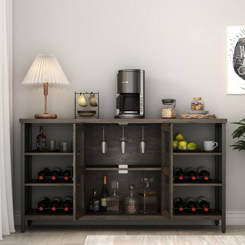 55 Inch Rustic Wood Storage Wine Bar Cabinet with Multifunctional Floor for Liquor and GlassesBlack+ Gray