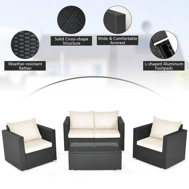 4-Piece Rattan Patio Conversation Set Outdoor Furniture Set w/Off White Cushions