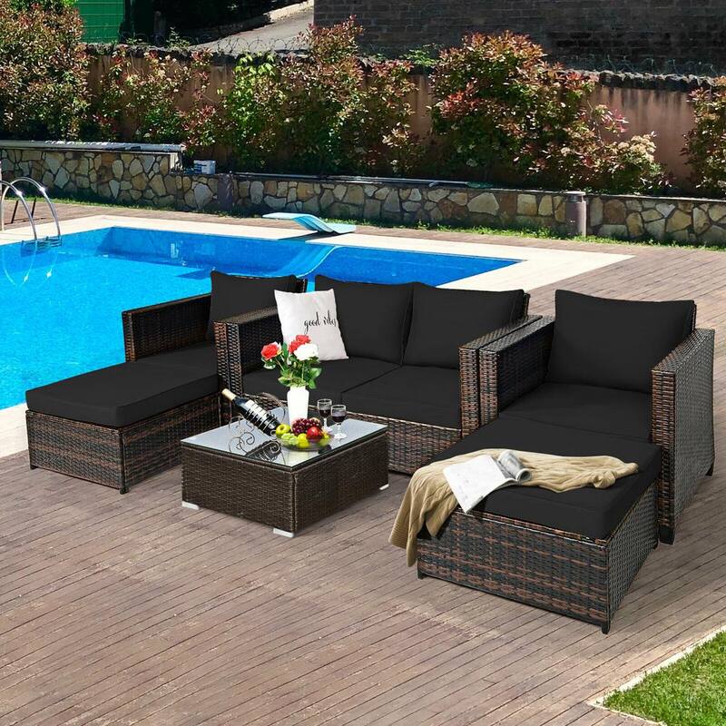 5-Piece Wicker Patio Conversation Set with Black Cushions and 2 Ottomans