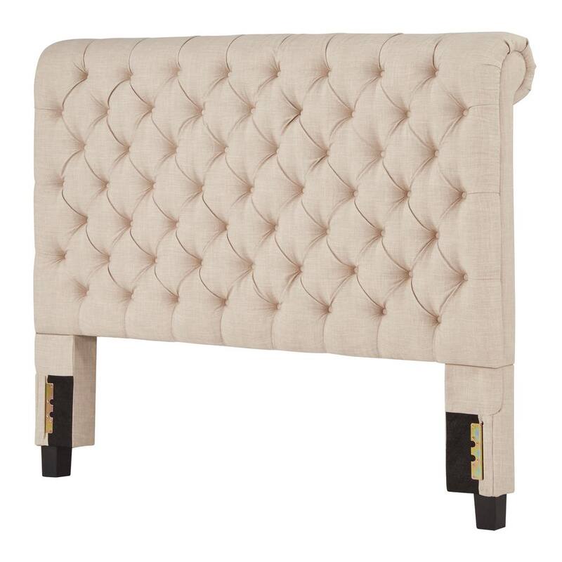 66.54 in. W Beige Linen Rolled Top Tufted Chesterfield Queen Headboard