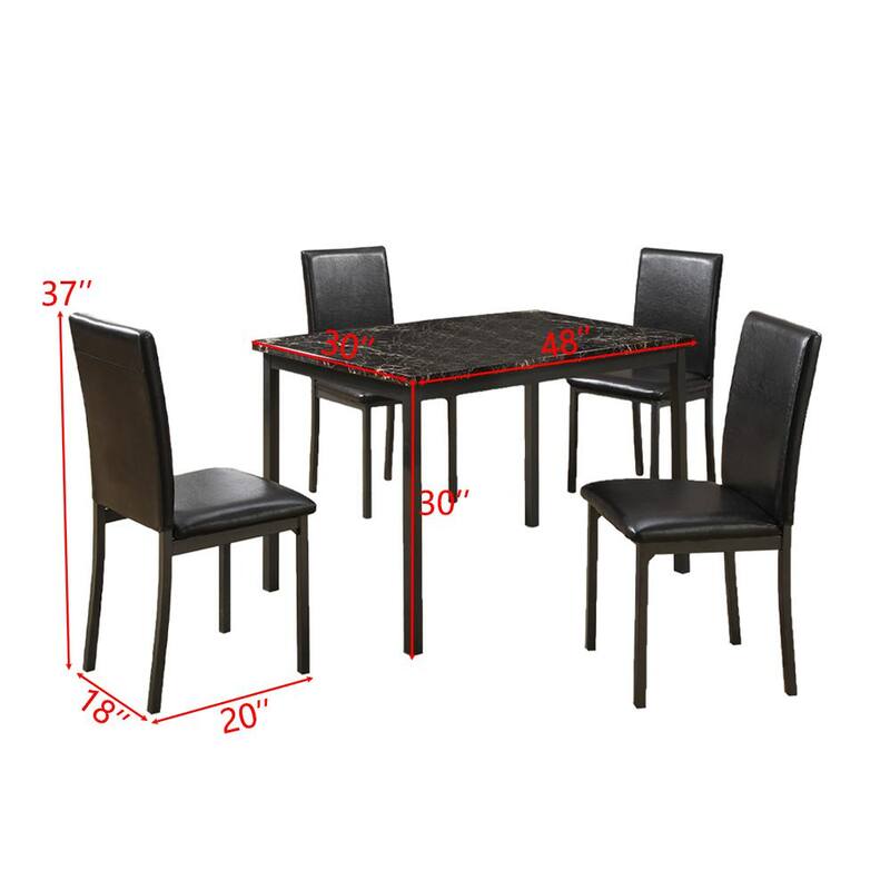 5-Pieces Black Faux Marble Top Kitchen Dining Table Set With 4-Faux Leather Chairs